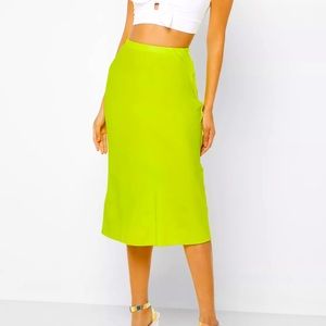 NWT Forever 21 Neon Green Yellow Satin Midi Skirt Size L